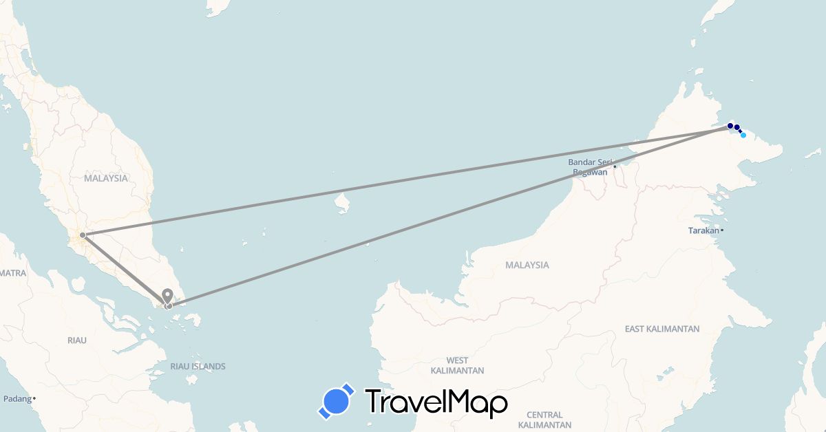 TravelMap itinerary: driving, plane, boat in Malaysia, Singapore (Asia)